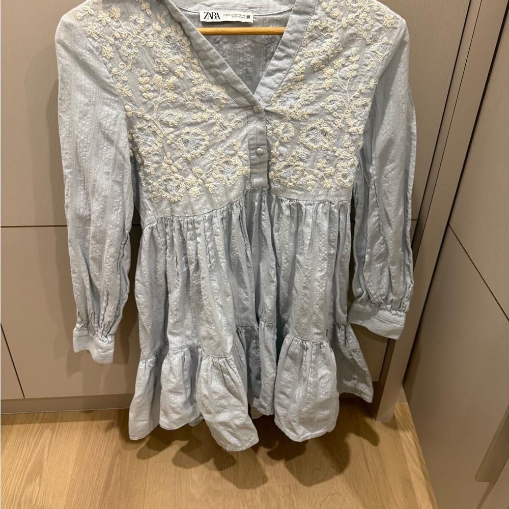 Zara Blue Ruffled Bib Collar Blouse